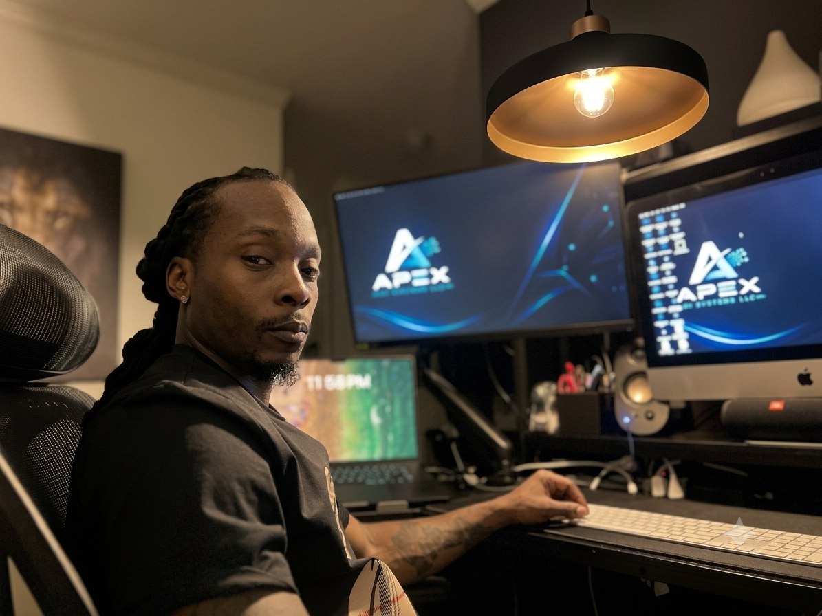 RaShod Kay, founder of Apex AI Systems, working at the Apex development workstation.